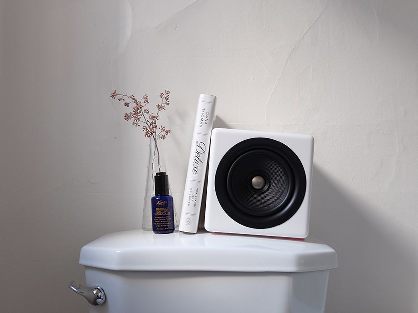 speaker and book on top of toilet