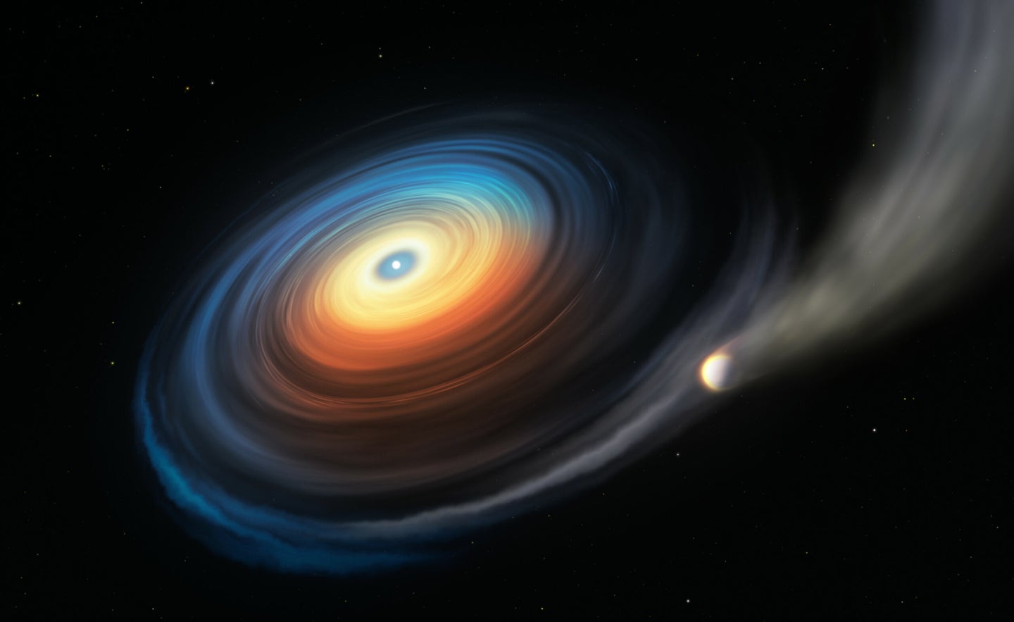 Illustration of a white dwarf eating a large planet.