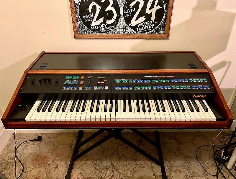 A Rhodes Chroma synthesizer in a living room