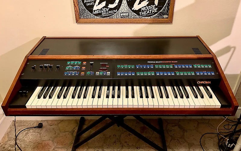 A Rhodes Chroma synthesizer in a living room
