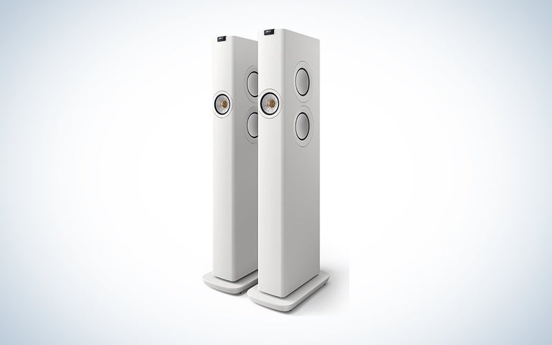A pair of white KEF LS60 wireless speakers
