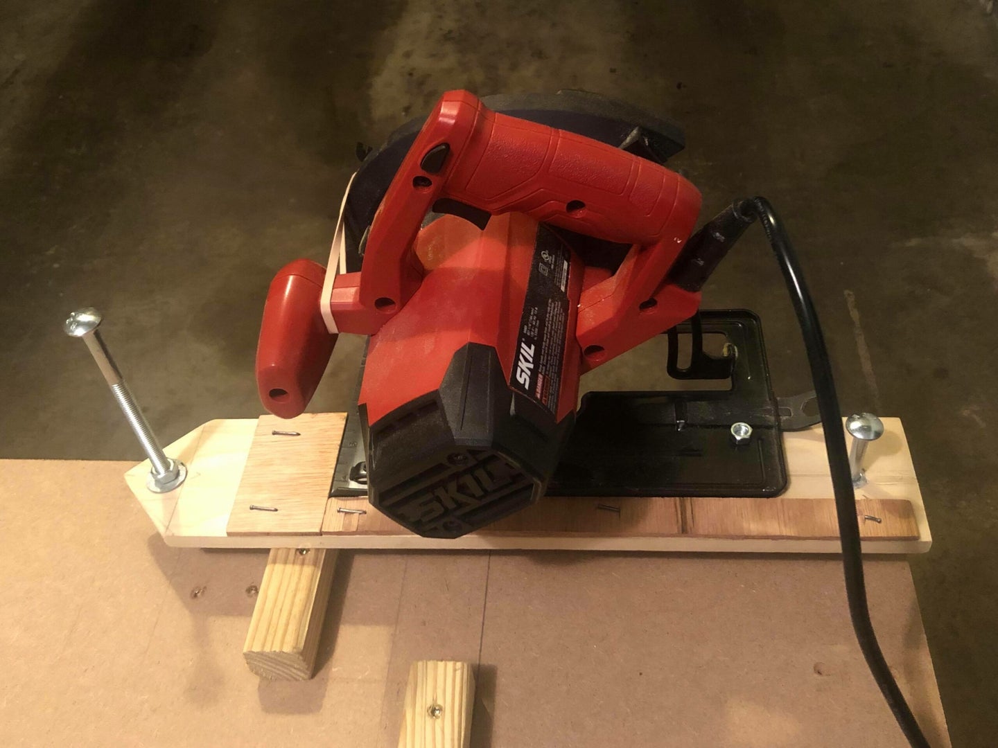 a circular saw bolted to a jig that makes it into a chop saw