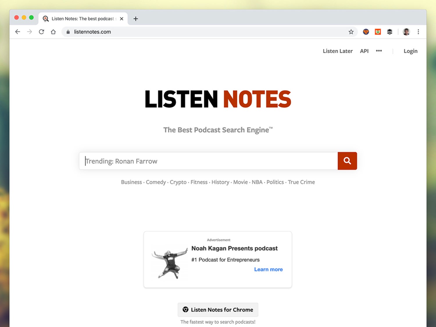 The Listen Notes interface on a macOS computer.