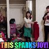 Marie Kondo does a happy dance with a rainbow "This sparks joy!" on the bottom of the image.