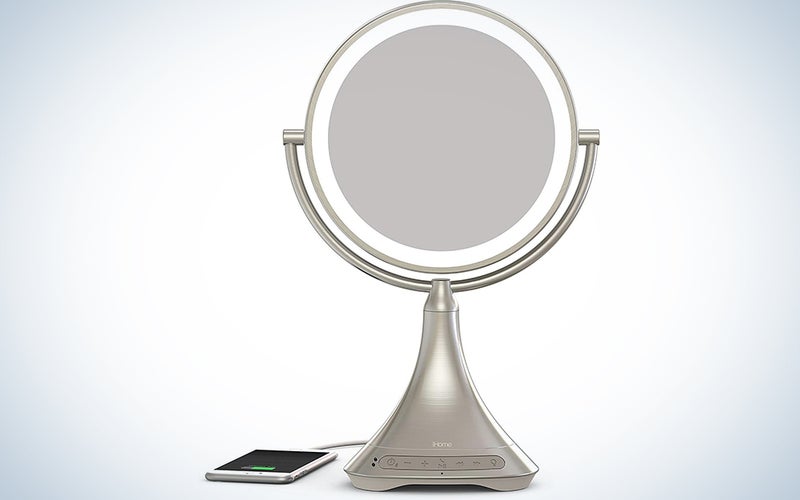iHome All-in-One, 7X Magnify, 9" 2-Sided LED Bluetooth Audio, Phone Charging Makeup Mirror, Bright LED Light Up Mirror, Natural Light, Double-Sided Vanity Mirror, Hands-Free Speakerphone
