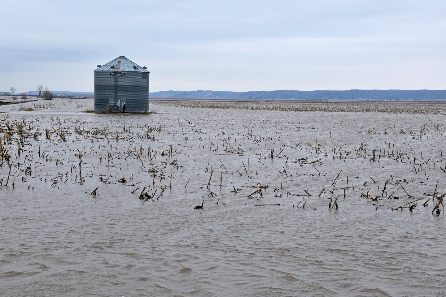 flooded field with silo in background