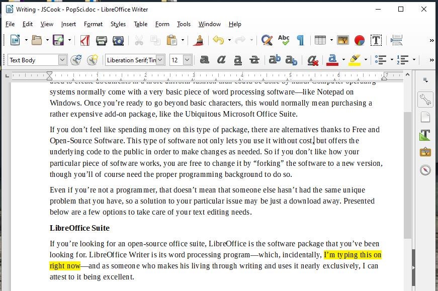 a draft of text written in LibreOffice writer