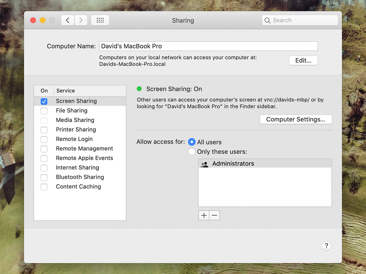The Screen Sharing options on macOS Monterey, granting you remote access to computer files on an Apple computer