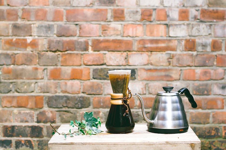 chemex coffee maker and kettle on a table