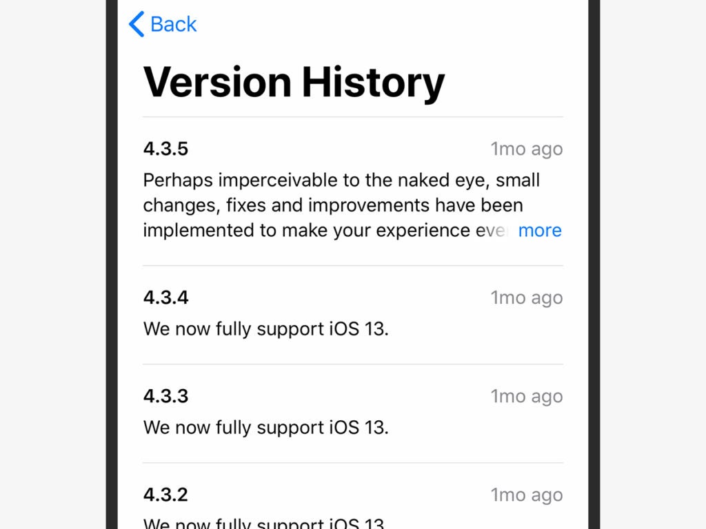 a screenshot of the version history of an app on iOS