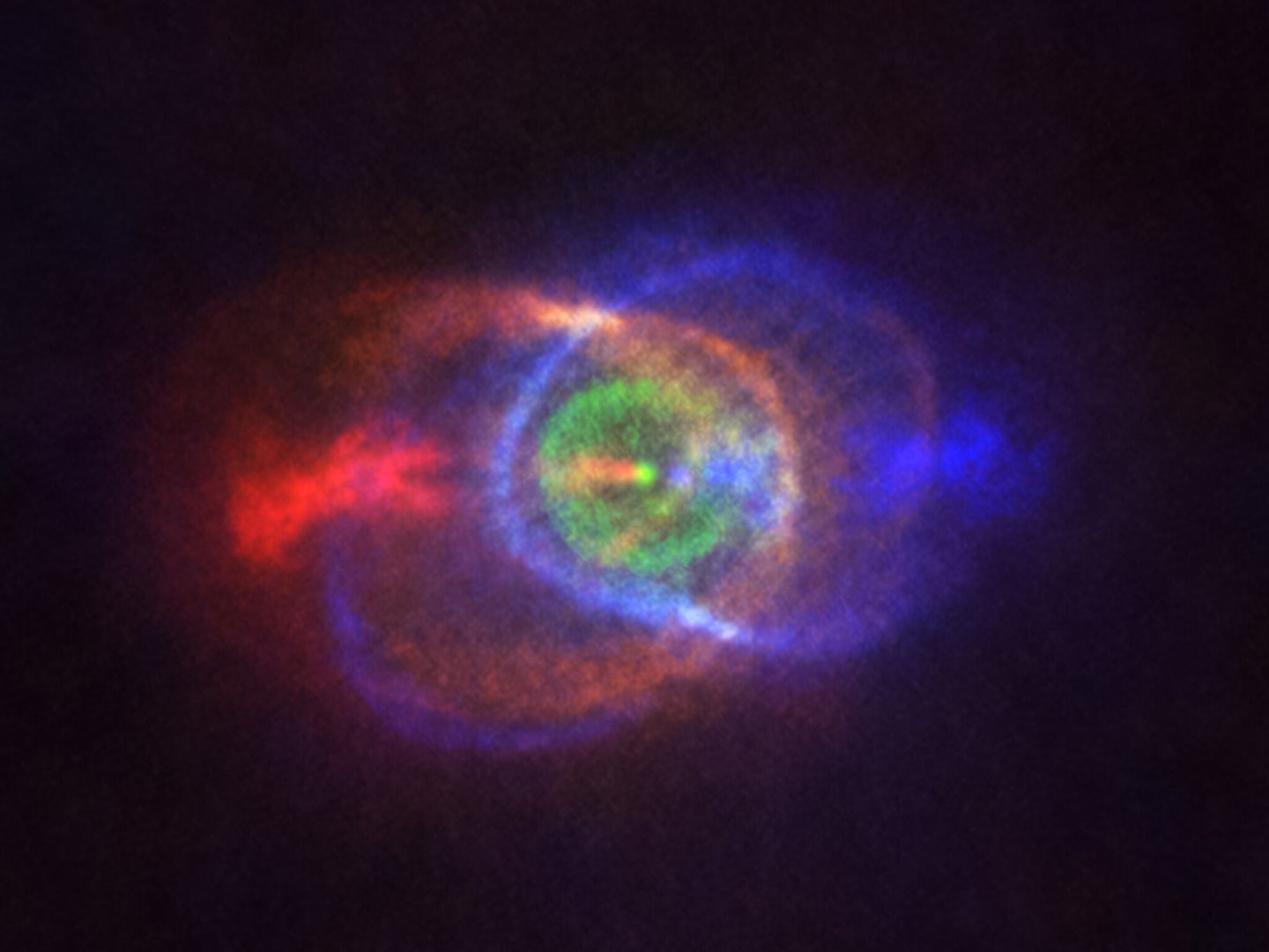 Two stars colliding and making a colorful cloud of gas