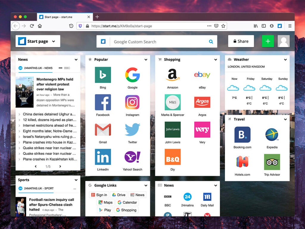 a screenshot of the new tab page browser extension start.me in Google Chrome