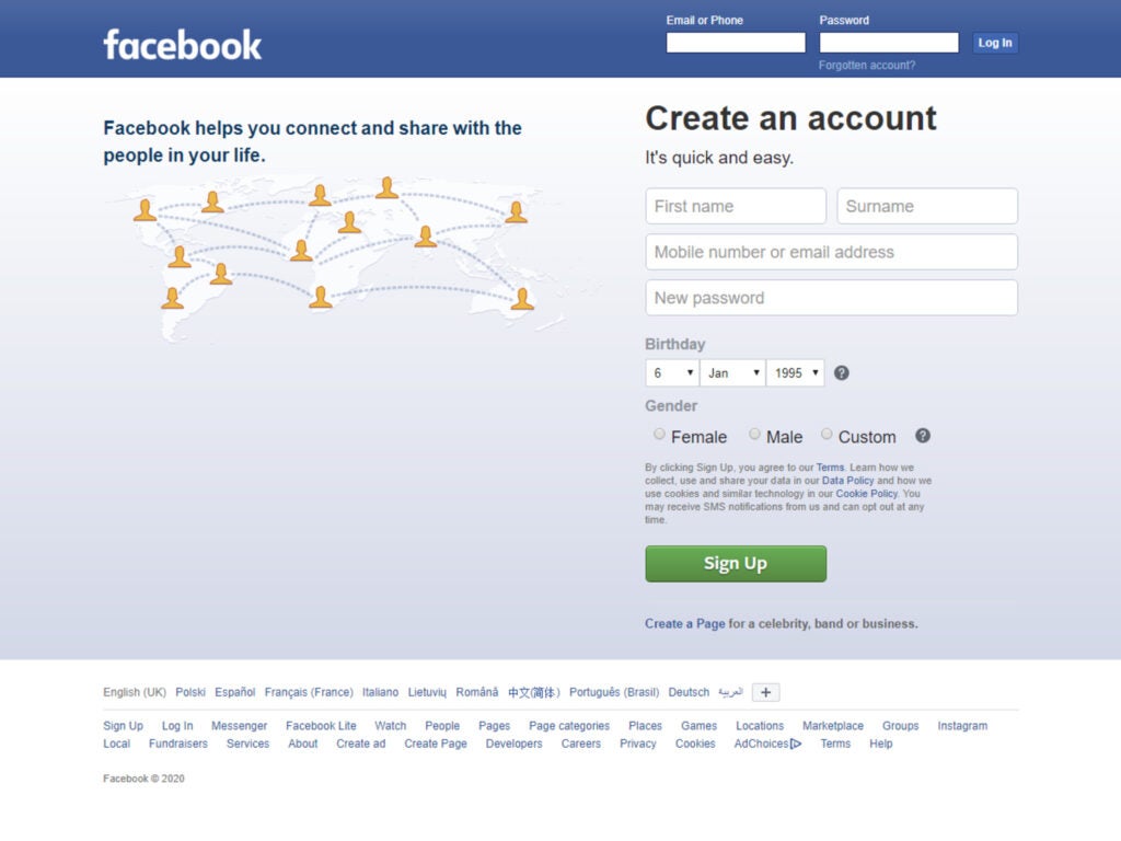 Screenshot of new Facebook account