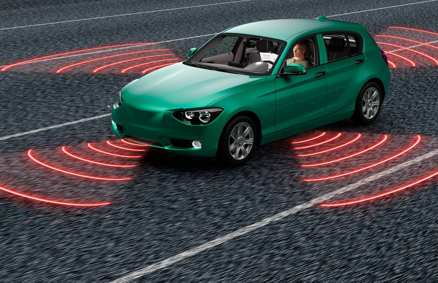 A mock self-driving car deploys its sensors on the road.