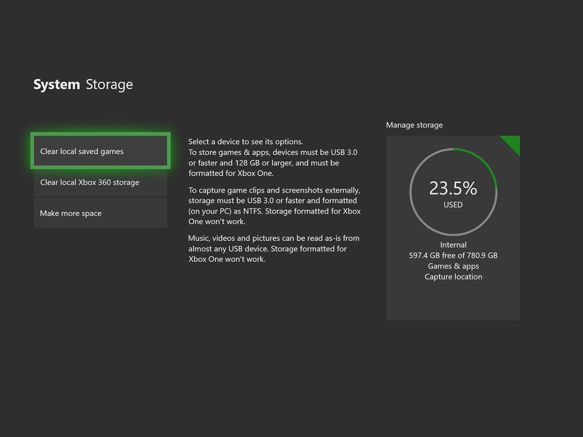 The options you'll see when you investigate your Xbox One storage situation.