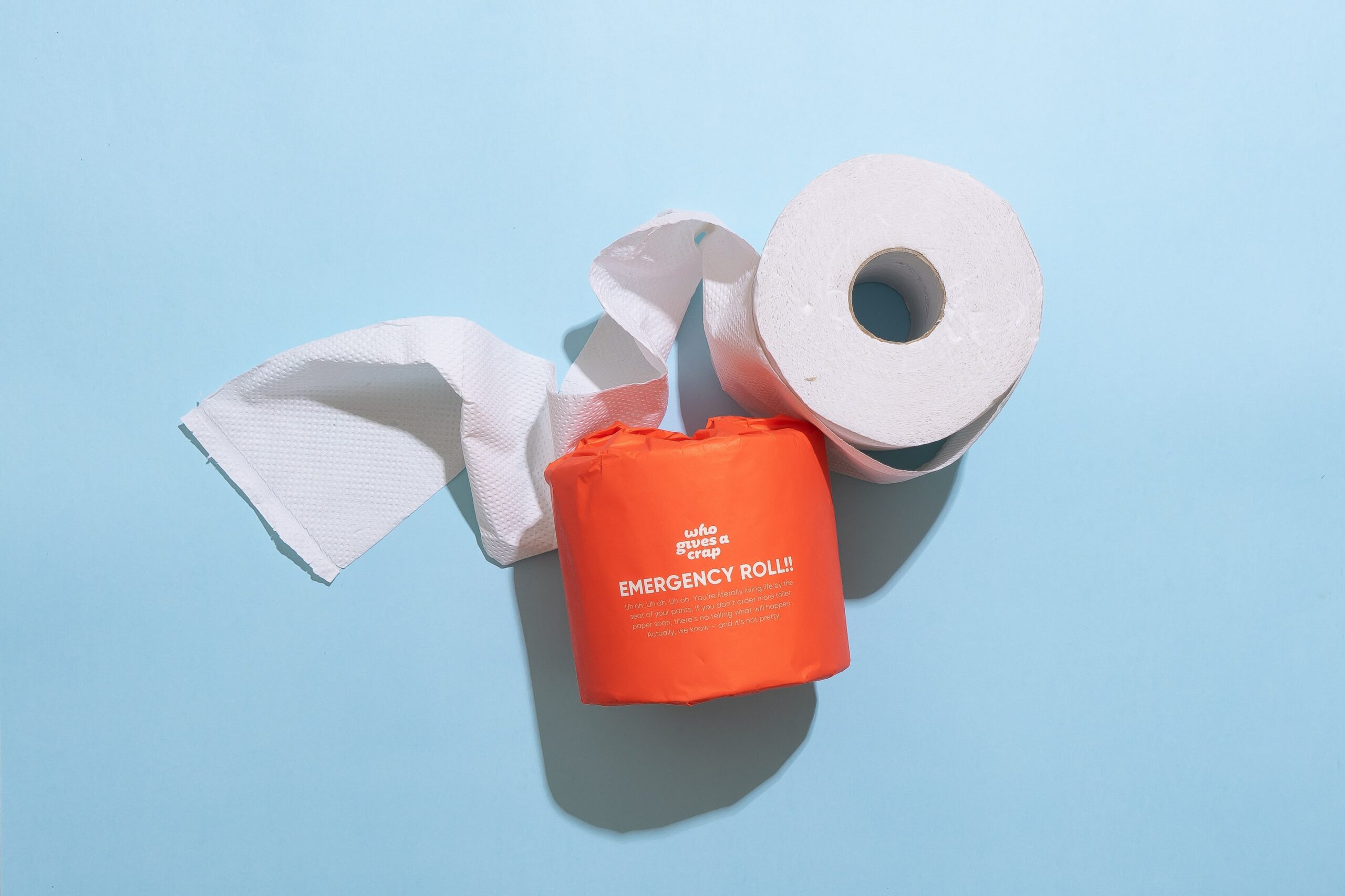 A roll of toilet paper labeled as "emergency"