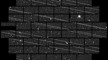 Starlink satellites streak across telescope images of the stars.