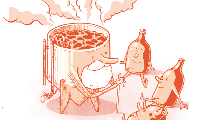 Illustration of a beer distiller and bottles