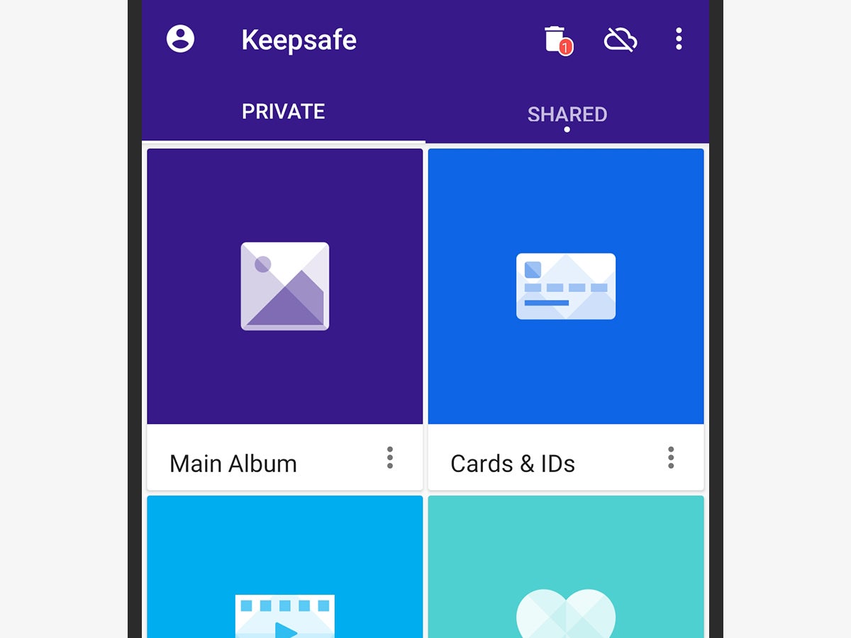 The user interface within the Keepsafe app for Android, useful for hiding photos and files on your phone.
