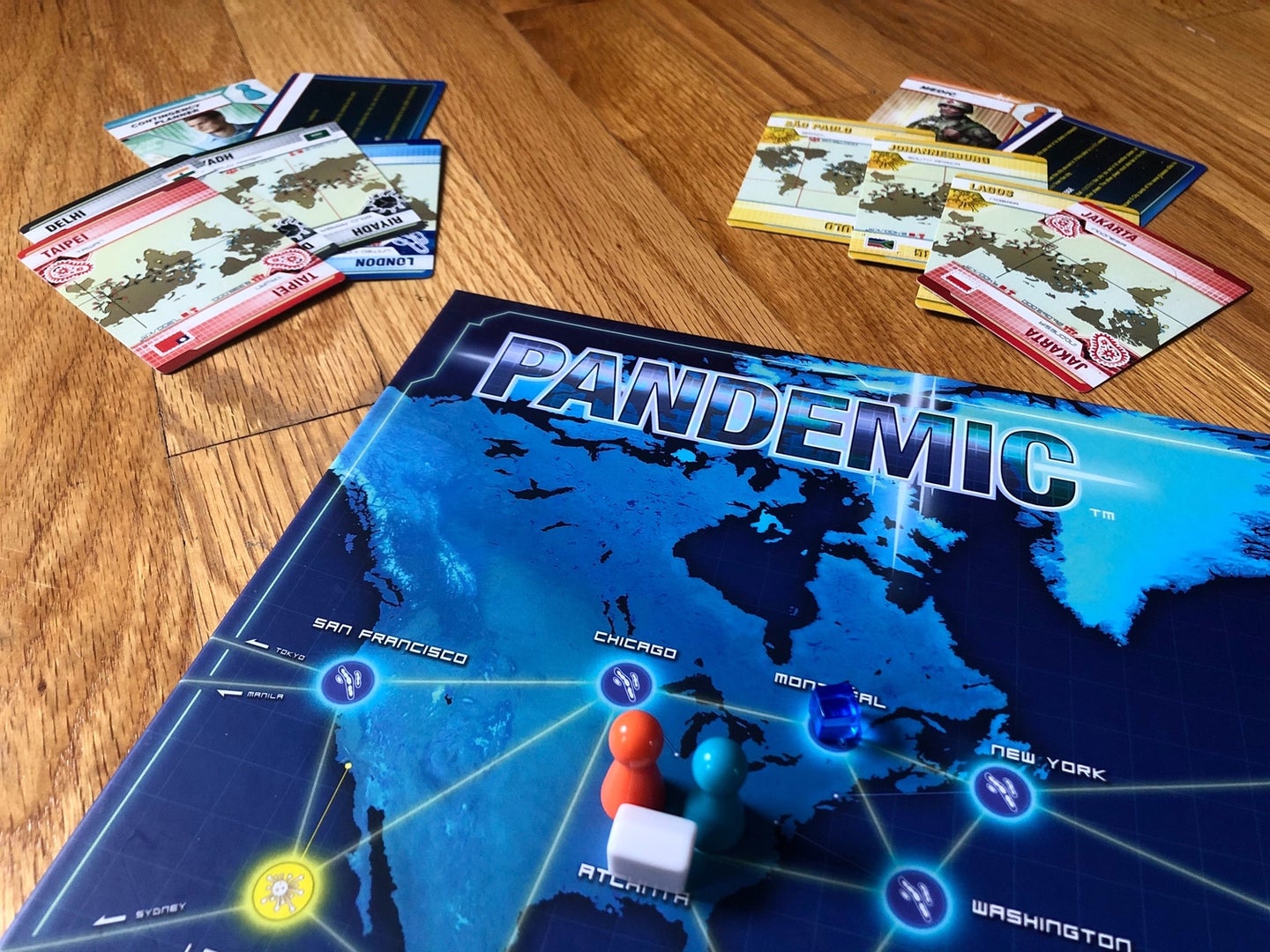 the start of the cooperative board game, Pandemic