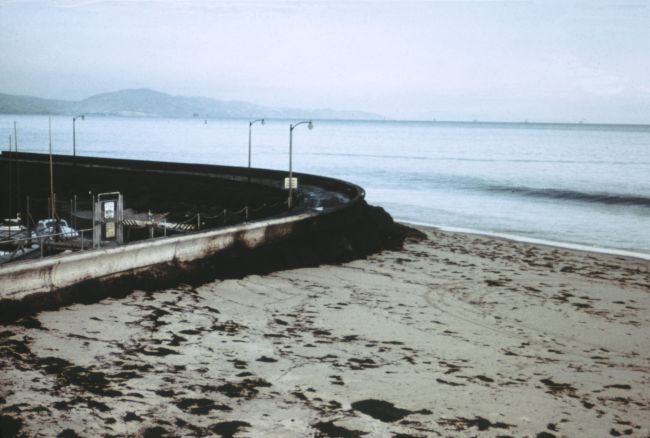 a photo of a seawall near Santa Barbara Harbor after the Santa Barbara oil spill in 1969