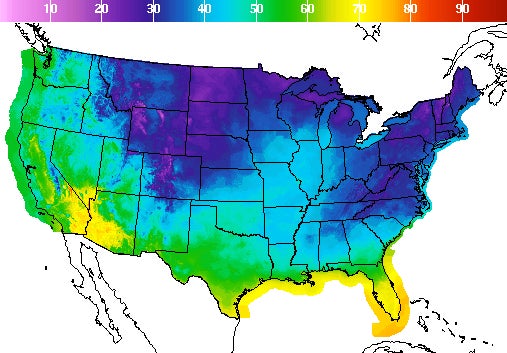 a map of temperatures across the US, showing very low temperatures in the northeast, mid-atlantic, and midwest