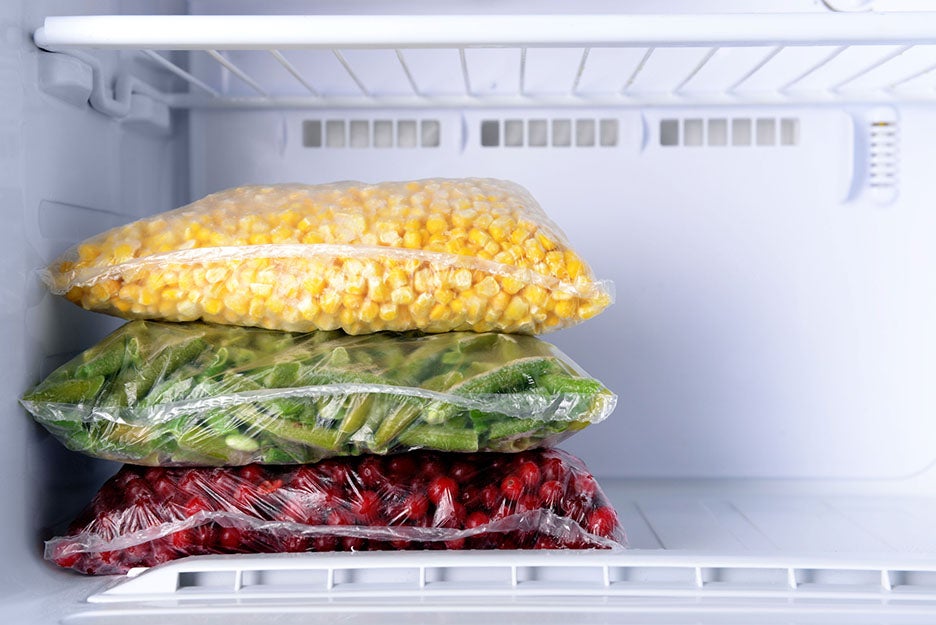 fruits and vegetables in a freezer