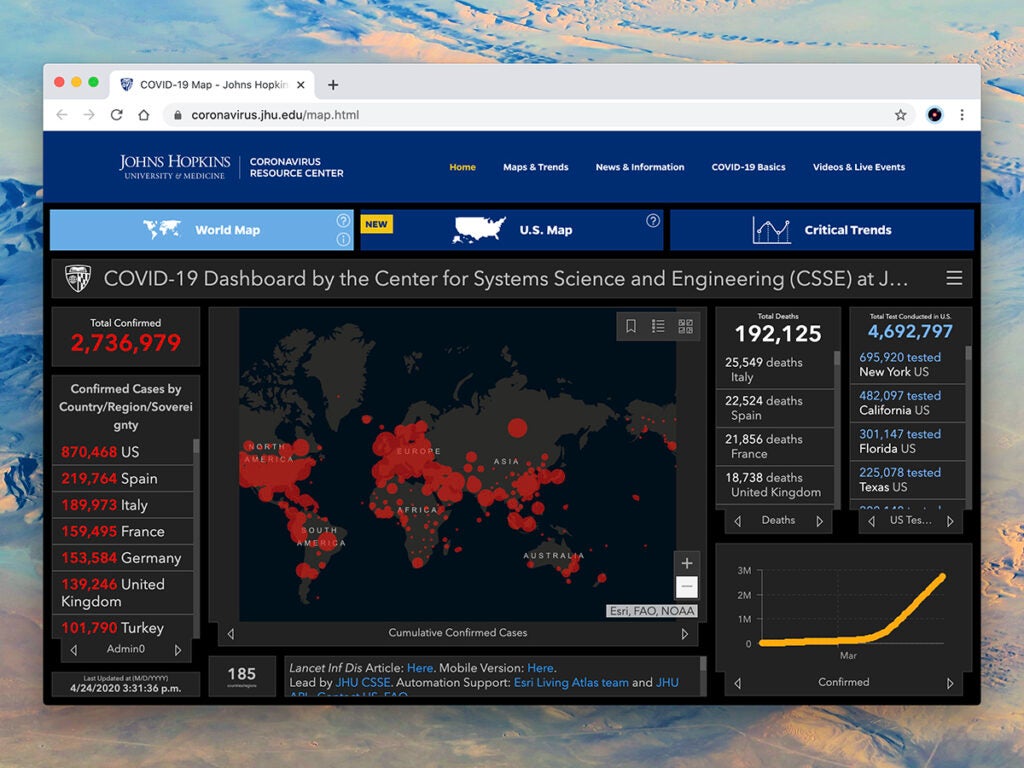 a screenshot of Johns Hopkins University's online COVID-19 dashboard