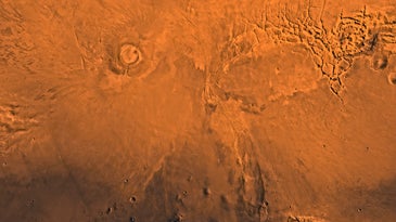 An aerial view of a Martian volcano.