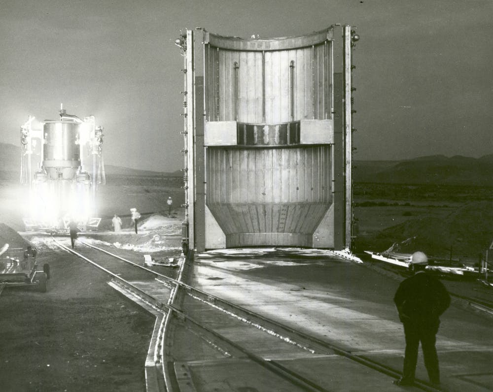 The first nuclear thermal rocket was built in 1967 and is seen in the background. In the foreground is the protective casing that would hold the reactor.