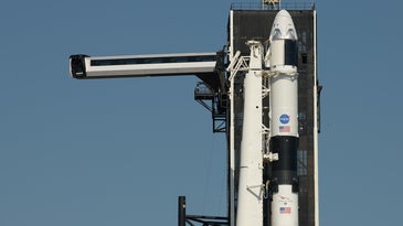 SpaceX’s Crew Dragon capsule sits atop its Falcon rocket, ready to launch.