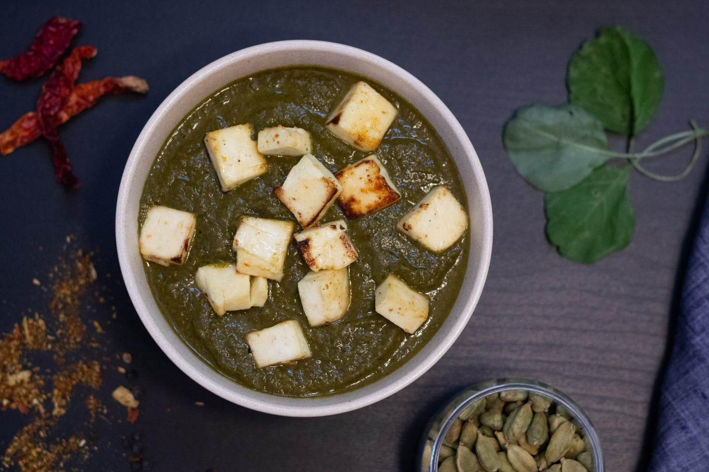 A bowl of saag or spinach paneer