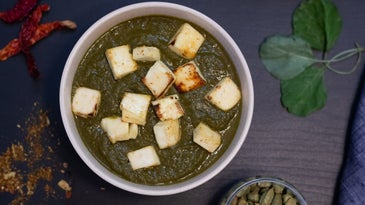 A bowl of saag or spinach paneer