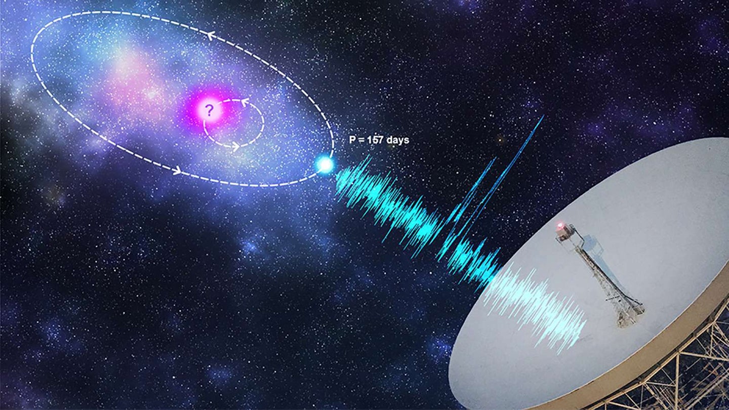 An artists interpretation of a telescope receiving radio bursts from deep space.