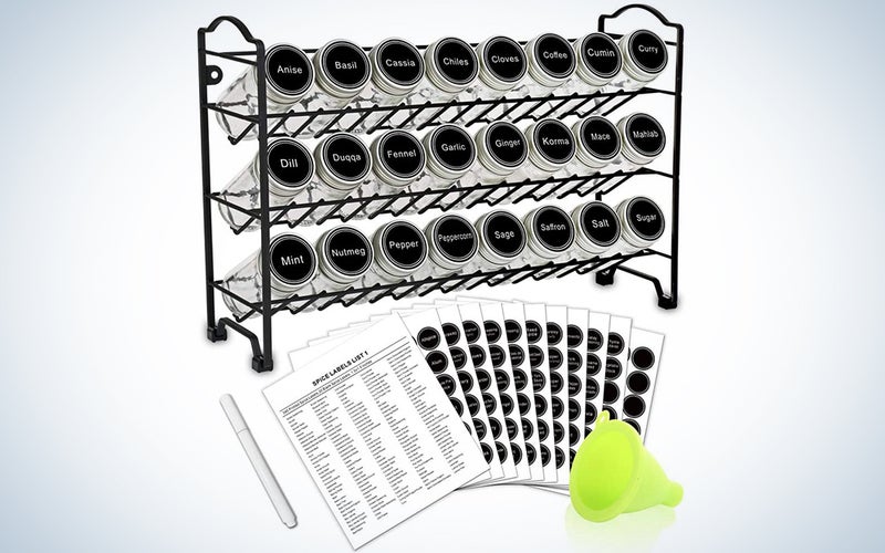 SWOMMOLY Spice Rack with 24 Empty Round Spice Jars, 396 Spice Labels with Chalk Marker and Funnel Complete Set, for Countertop, Cabinet or Wall Mount