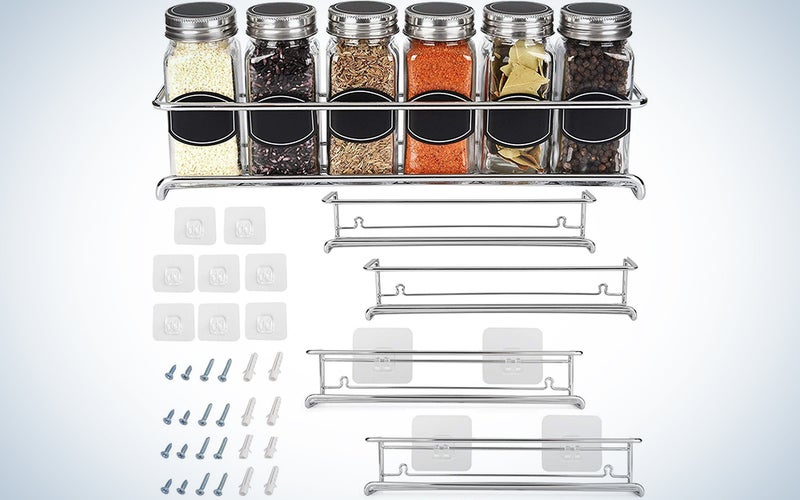 Spice Rack Organizer For Cabinet Door| Kitchen Pantry Organization And Storage | Set of 4 Chrome Tiered Hanging Shelf for Spice Jars and Seasonings | Door Mount, Wall Mounted, Under Sink Shelves