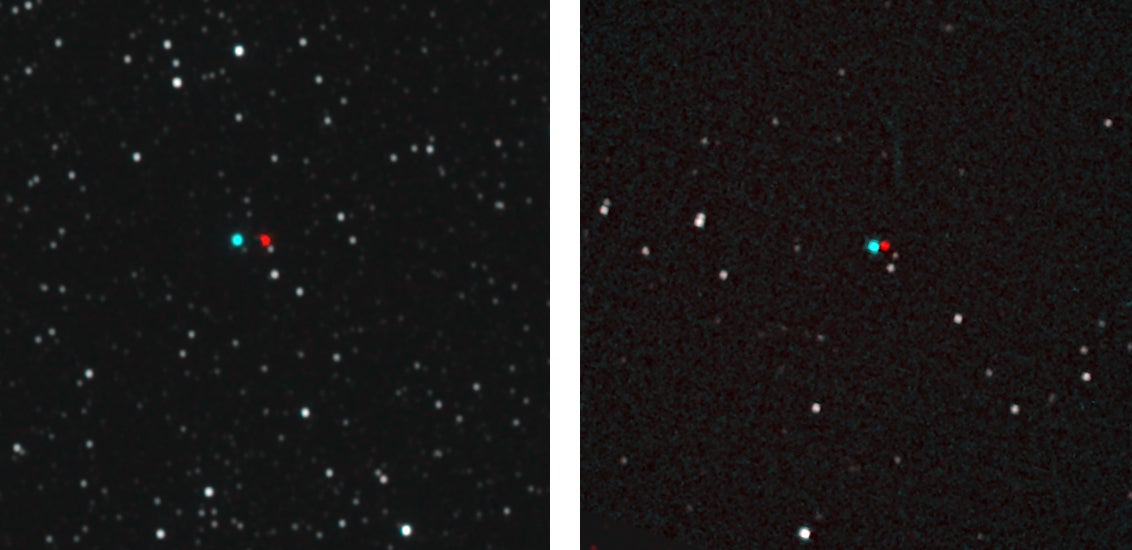 These anaglyph images can be viewed with red-blue stereo glasses (or 3D glasses) to reveal the stars' distance from their backgrounds. On the left is Proxima Centauri and on the right is Wolf 359.