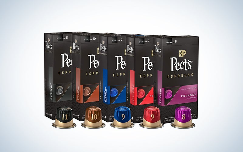Peet’s Coffee Espresso Capsules Variety Pack, 50 Count Single Cup Coffee Pods, Compatible with Nespresso Original Brewers, Crema Scura, Decaffeinato Ristretto, Nerissimo, Ricchezza, Ristretto