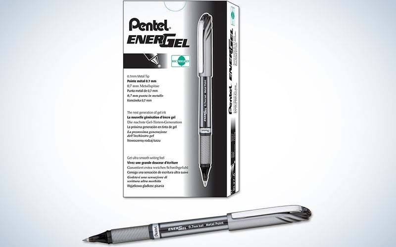 Pentel EnerGel NV Liquid Gel Pen, 0.7mm, Medium Line Capped, Metal Tip, Black Ink, Box of 12