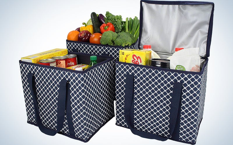 1 Zippered Insulated Grocery Bag + 2 Open Reusable Shopping Bags Heavy Duty, Thick Reinforced Bottoms, Grocery Bags Reusable Foldable