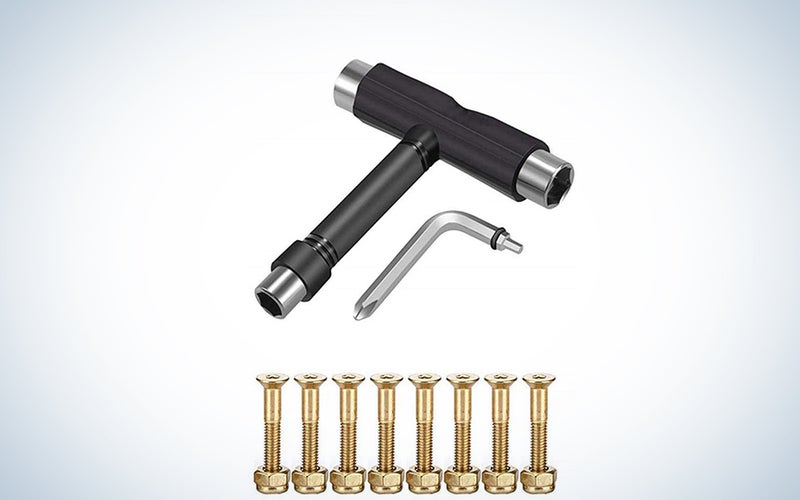 BESIY Skateboard Hardware 8PCS Bolts Set and All-in-One Skate Tools Portable Skateboard T Accessory with Tool L-Type Phillips Head Wrench Screwdriver