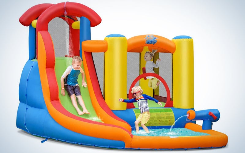 BOUNTECH Inflatable Bounce House, 6 in 1 Water Slide Jumping Park w/Splashing Pool, Climbing Wall, Water Cannon, Basketball Scoop, Including Carry Bag, Stakes, Repair Kit, Hose