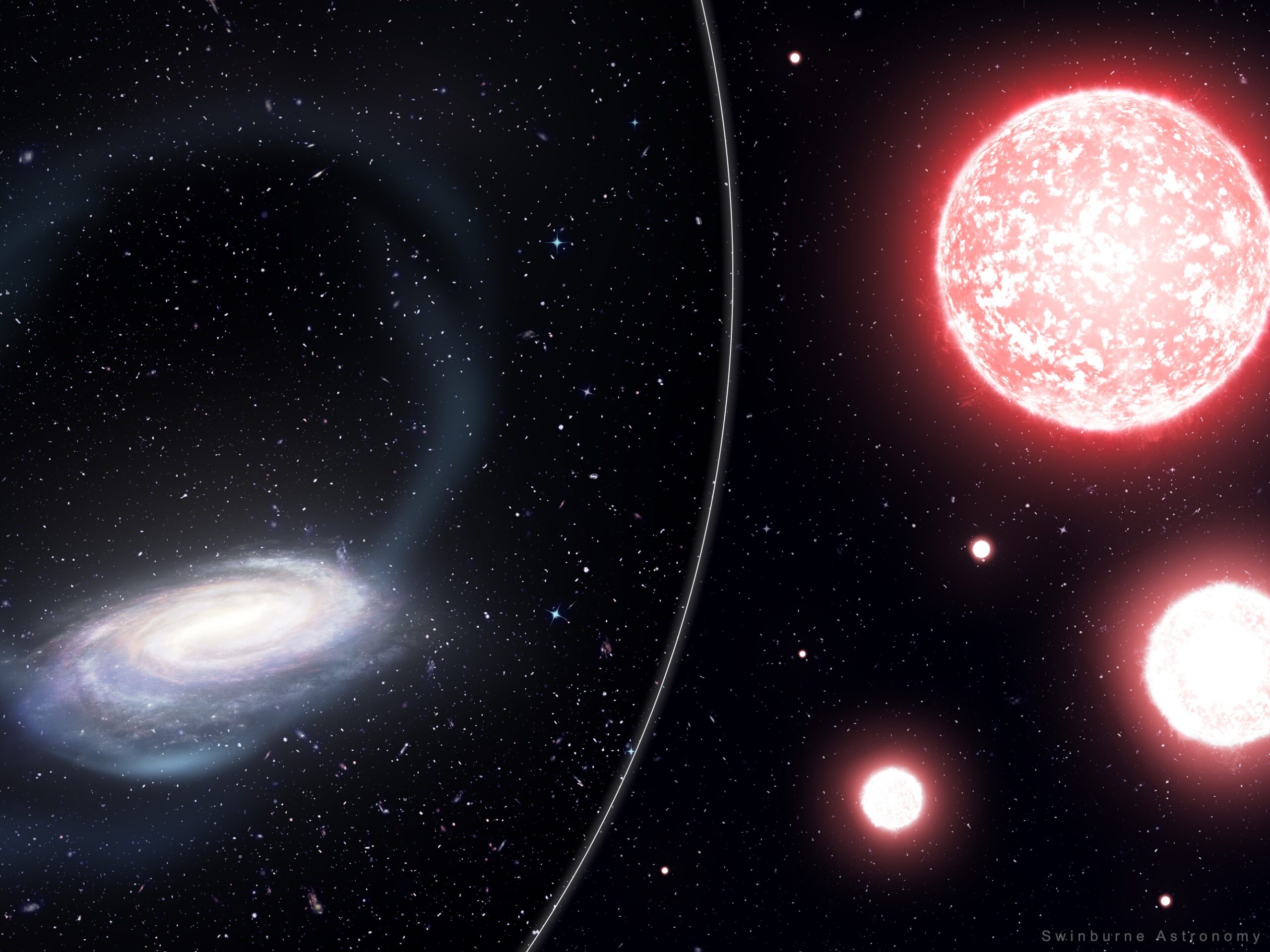 Artist’s impression of the thin stream of stars torn from the Phoenix globular cluster, wrapping around the Milky Way (left). Astronomers targeted bright red giant stars (artist’s impression, right) to measure the chemical composition of the disrupted Phoenix globular cluster.