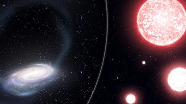 Artist’s impression of the thin stream of stars torn from the Phoenix globular cluster, wrapping around the Milky Way (left). Astronomers targeted bright red giant stars (artist’s impression, right) to measure the chemical composition of the disrupted Phoenix globular cluster.