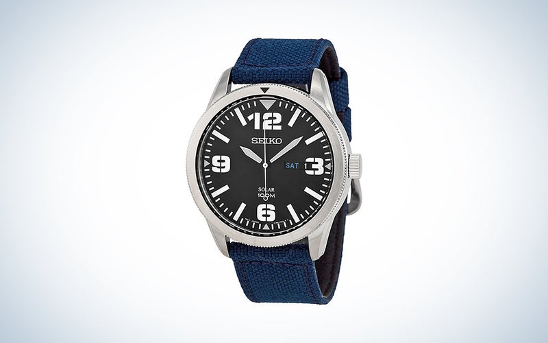 Seiko Menâs SNE329 Sport Solar-Powered Stainless Steel Watch with Blue Nylon
