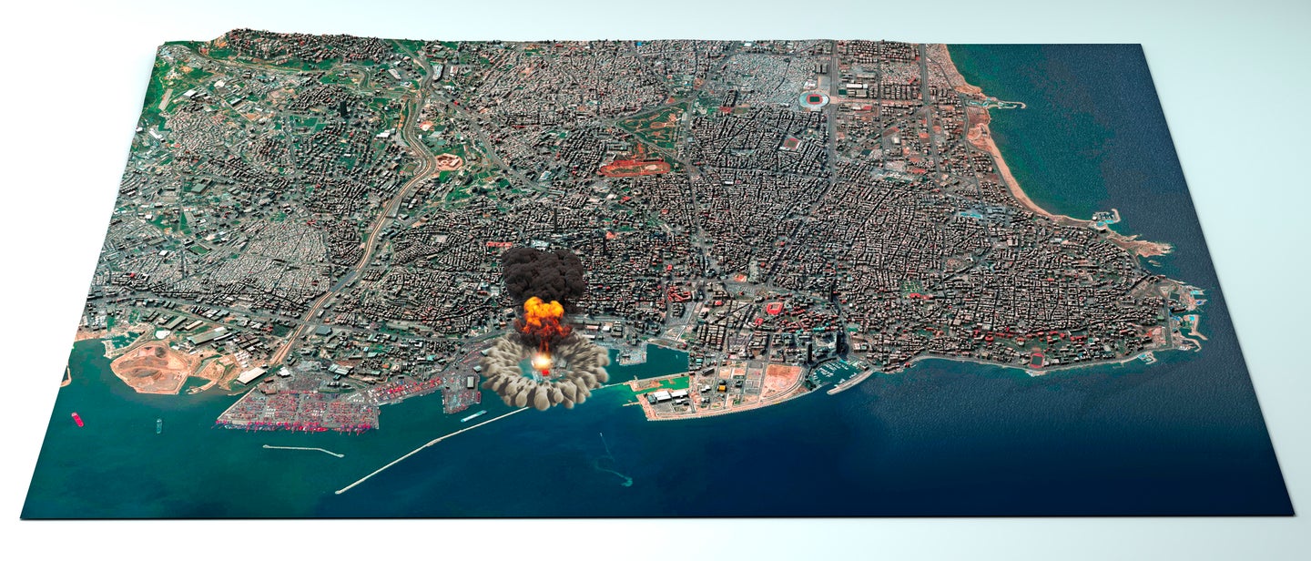 The blast at the Port of Beirut from August 4 seen on a rendered satellite map.