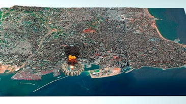 The blast at the Port of Beirut from August 4 seen on a rendered satellite map.