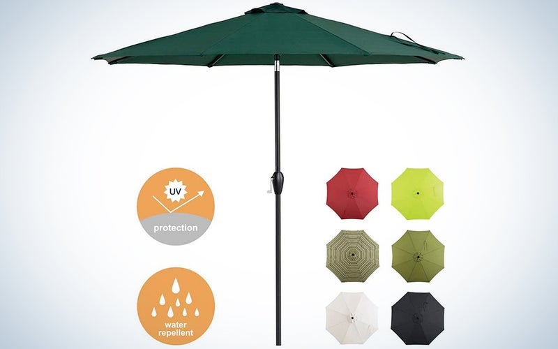 Tempera 9ft Patio Umbrella with Auto-Tilt and Crank Outdoor Garden Table Umbrella with 8 Sturdy Ribs