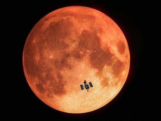 An artist's impression of the Hubble capturing a lunar eclipse during a blood moon.
