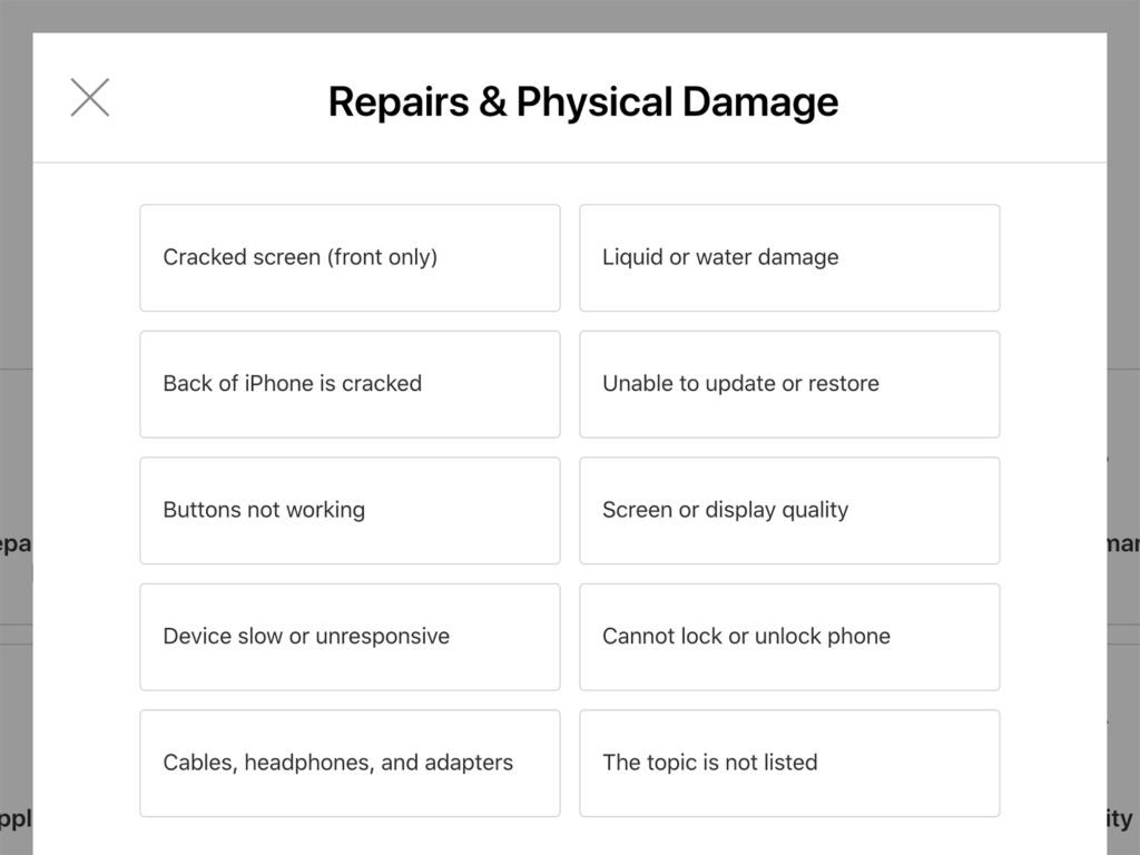 a screenshot of descriptions for repairs and physical damage on Apple devices